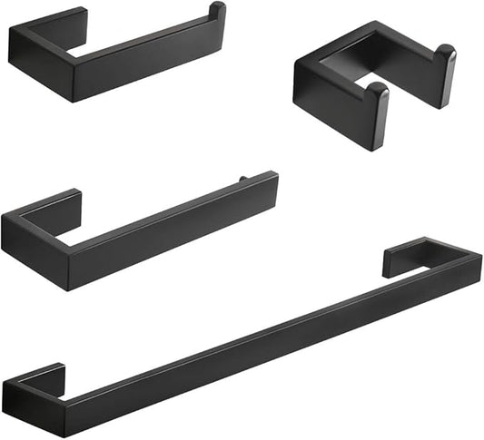 Fapully 4-Piece Bathroom Hardware Accessory Set with 24" Towel Bar Towel Ring Paper Holder Robe Hook Matte Black