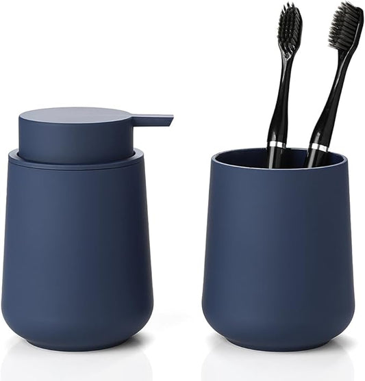YAUKPH Matte Navy Blue Bathroom Accessories 2 Piece Set Plastic Soap Dispenser and Toothbrush Holder for Modern Bathroom Decor