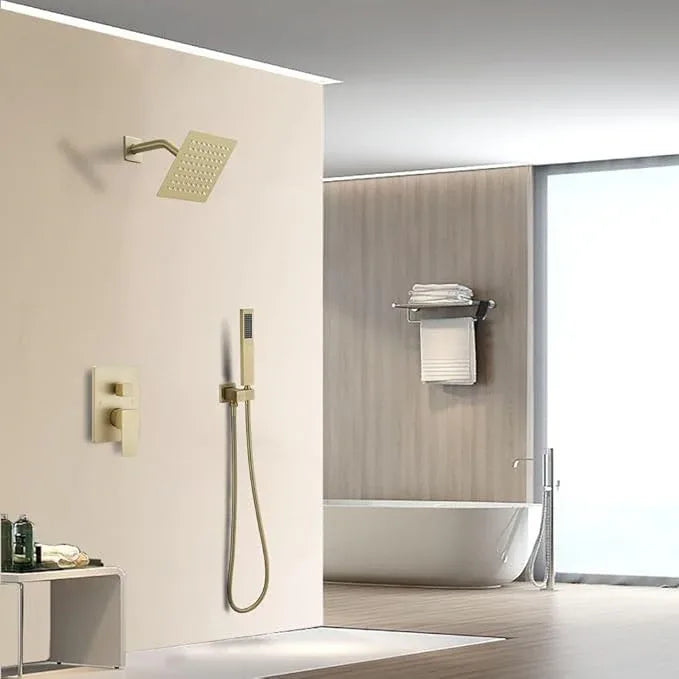 JingGang Brushed Gold Shower System 6 Inch Bathroom Luxury Rain Mixer Shower Combo Set Wall Mounted Rainfall Shower Head and Handheld System Shower Faucet Set Rough-in Valve Body and Trim Kit - ModernBath
