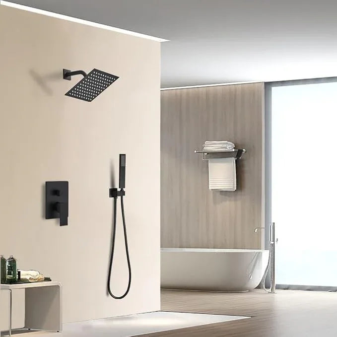 JingGang Matte Black Shower System Bathroom Rainfall Shower Faucet Set Complete Wall Mounted 6 Inch Shower Head and Handle Set with Rough-in Valve Body and Trim Kit - ModernBath