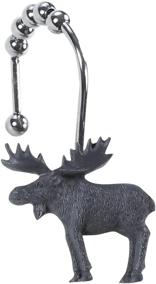 Woodland Black Bear Moose Shower Curtain Hooks, Rustproof Rustic Cabin Shower Hooks for Shower Curtain, 5 Roller Ring Balls Lodge Bathroom Curtain Hooks, Outdoor Decorative Animal Hooks, Set of 12 - ModernBath