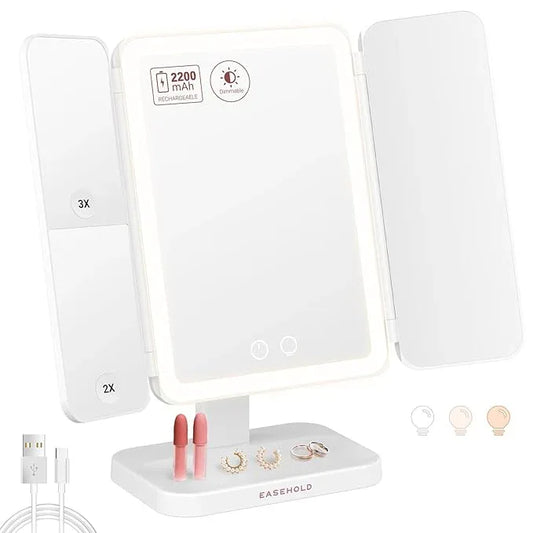 EASEHOLD Vanity Mirror with Lights, 2X 3X Magnification, Trifold, Rechargable, Touch Control - Gifts for Girls & Women - ModernBath