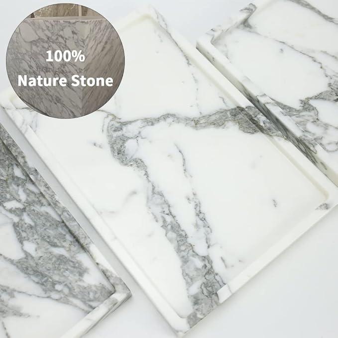 Real Luxurious Natural Marble Vanity Tray Genuine Marble Storage Tray for Home Decor Stone Tray for Bathroom/Kitchen/Vanity/Dresser Non-Resin/(arabescato) - ModernBath
