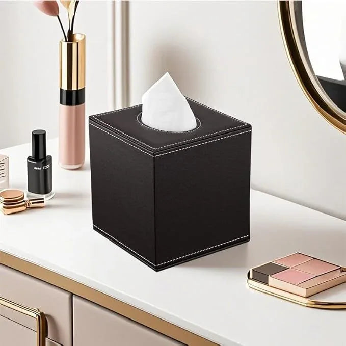 KINGFOM Square Pu Leather Tissue Box Cover, Modern Facial Tissue Holder, Roll Tissues Paper Case Dispenser for Bathroom Vanity Countertop, Night Stands, Office Desk & Car(Brown) - ModernBath