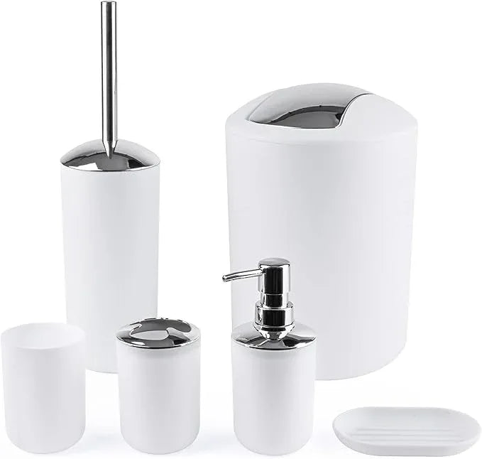 Papillon 6-Piece Bathroom Organization Set, Toothbrush Holder with Cup, Soap Dispenser & Dish, Toilet Brush, Trash Can, Tumbler Set (White) - ModernBath