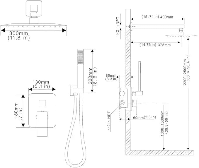 YCAIKOI Shower Faucet Set Complete, Wall Mount Shower System for Bathroom 12 Inch High-Pressure Rainfall Shower with Handheld, Rough-in Valve Body and Trim Kit, Brushed Gold - ModernBath
