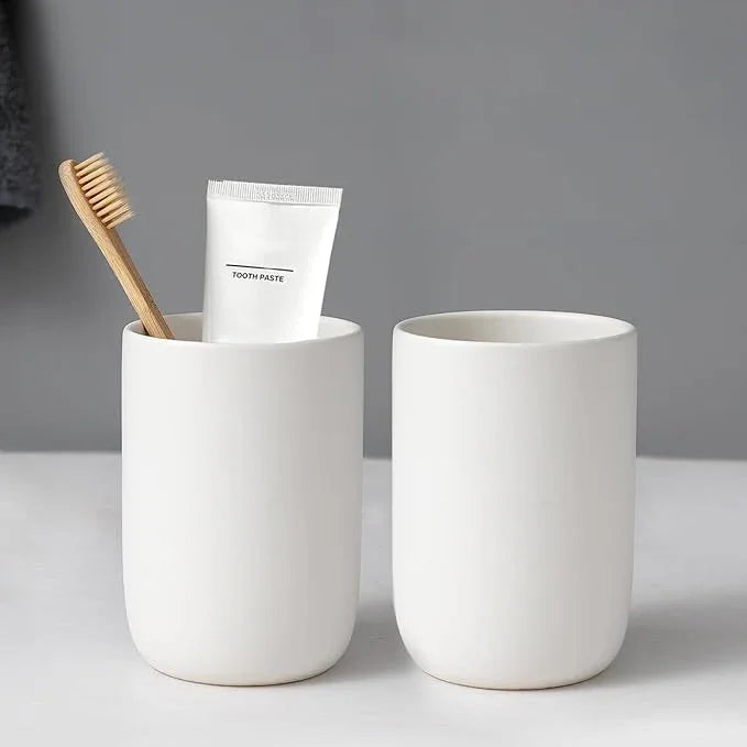 BSDISP Toothbrush Holders for Bathrooms - 2 Cups Ceramic Toothbrush Toothpaste Holders Set, White Bathroom Tumbler Cups Reusable Toothbrush Mouthwash Cup, Bathroom Counter Organizer - ModernBath