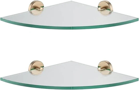 JQK Corner Glass Shelf, Champagne Bronze Bathroom 304 Stainless Steel Shower Triangle Floating Wall Shelf, 10 x 10 Tempered Glass, 2 Pack, TGS190L10-CB-P2 - ModernBath