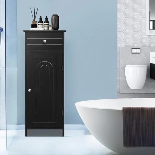 GOFLAME Bathroom Storage Cabinet, Freestanding Wooden Storage Cabinet with Large Drawer, 2 Adjustable Shelves with 7 Positions, Bathroom Floor Cabinet Organizer for Living Room, Black - ModernBath