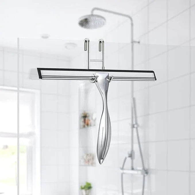 14-Inches Stainless Steel Shower Squeegee Set, Include Shower Door Hook, Adhesive Hook and Spare Silicone Blade, Window Squeegee for Shower Glass Door, Bathroom, Mirror, Window and Car Glass - ModernBath