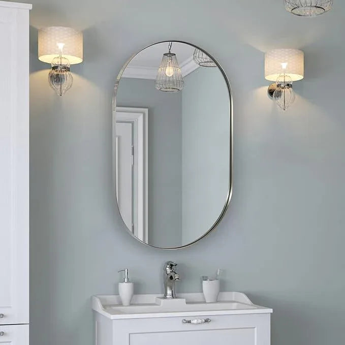 ANDY STAR Chrome Bathroom Mirror 24x36, Chrome Mirror Oval, Polished Silver Bathroom Mirror, Oval Mirrors Stainless Steel Frame Deep 1’’ Hang Vertical or Horizontal - ModernBath