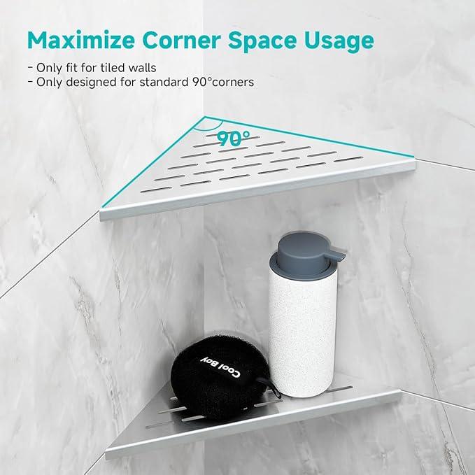 2-Pack 10" Wall Mounted Corner Shower Shelf - No Drilling Recessed Bathroom Shelves, Triangular Shower Caddy Organizer, Rustproof Stainless Steel Shower Shelves for Tiled Walls(Brushed) - ModernBath