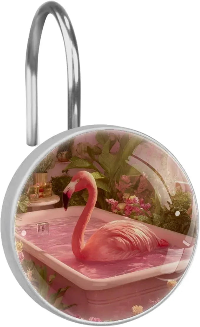 Pink Bathing Flamingo Shower Curtain Hooks, 12Pcs Decorative Rust Resistant Shower Rings for Shower Curtain Rods, Stainless Steel Round Curtain Hooks for Bathroom, Bedroom - ModernBath