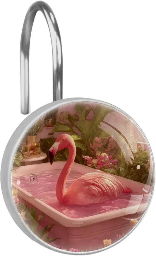 Pink Bathing Flamingo Shower Curtain Hooks, 12Pcs Decorative Rust Resistant Shower Rings for Shower Curtain Rods, Stainless Steel Round Curtain Hooks for Bathroom, Bedroom - ModernBath
