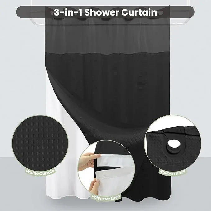 Inhousolu No Hook Shower Curtain with Snap in Fabric Liner Set Waffle Weave 230GSM Weighted Hem, Waterproof & Washable Bathroom Curtain Spa Luxury with Mesh Top Window 72" W x 72" L Black - ModernBath