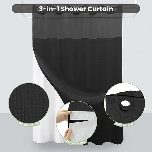 Inhousolu No Hook Shower Curtain with Snap in Fabric Liner Set Waffle Weave 230GSM Weighted Hem, Waterproof & Washable Bathroom Curtain Spa Luxury with Mesh Top Window 72" W x 72" L Black - ModernBath