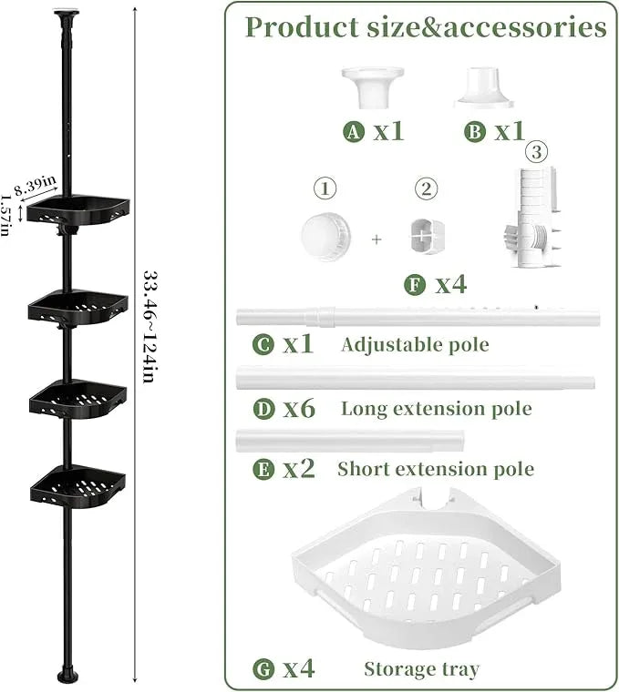 akinbas Tension Pole Shower Caddy Organizer with4 Tier L-Shaped Rust Resistant Bathroom Corner Shelves with 34-124 Inch Adjustable No Drilling Quick Install Shower Rack for Bath Essentials (Black) - ModernBath