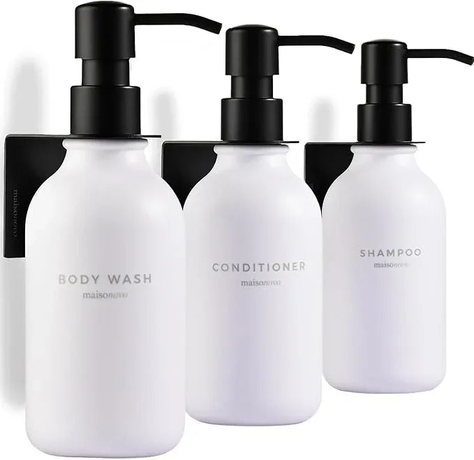 MaisoNovo Shampoo and Conditioner Dispenser - Shower Soap Dispenser Wall Mounted - 16.9 fl oz Set of 3 White Plastic Bottles Black Pump - 3 Chamber No Drill - ModernBath