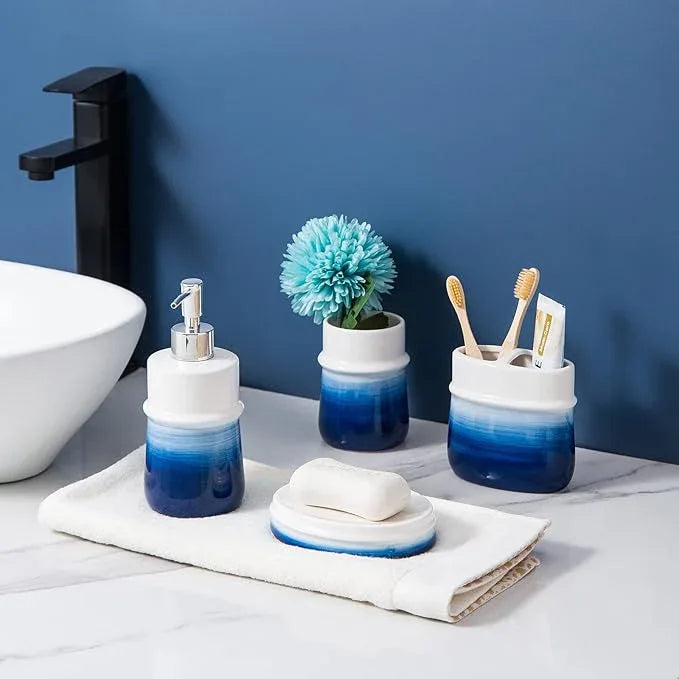 RZCNC Navy Blue Bathroom Accessories Set, 4-Piece Blue Ceramic Bathroom Decorations Accessories Set,Contain Toothbrush Cup,Soap Dispenser,Soap Dish,Tumbler - ModernBath