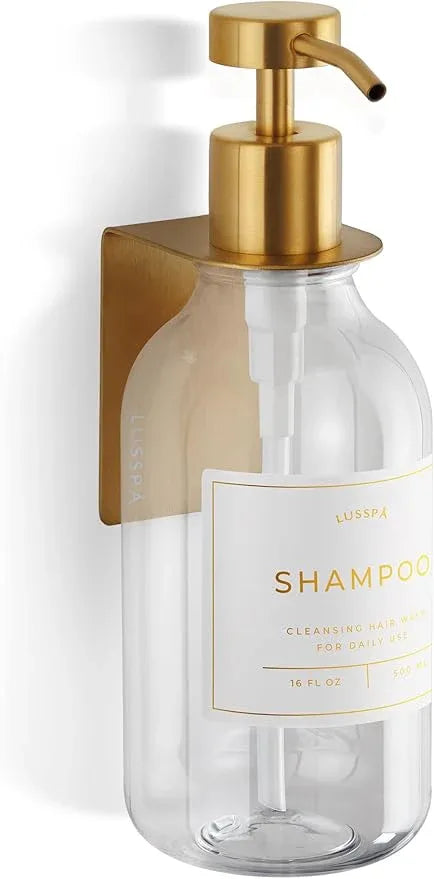 Shampoo & Conditioner Dispenser - Shower Soap Dispenser Wall Mounted - 16.9 Oz Plastic Bottle with Pump & Holder - Shampoo Dispenser - Shower Dispenser Chamber No Drill (1 X Clear/Gold) - ModernBath