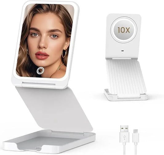 LAMPICK Travel Makeup Mirror with Lights, Foldable 1X Vanity Lighted Mirror with 10X Magnification, Rechargeable 1500mAh, Dimmable Touch Screen, Freely Adjust Height and Angle - ModernBath
