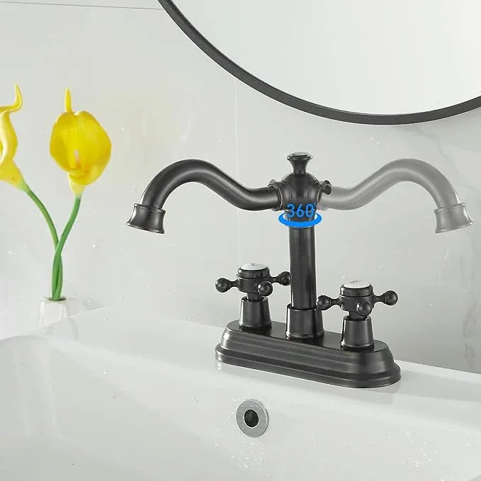 GGStudy Bathroom Faucet Oil Rubbed Bronze 2 Handles 4 Inches Centerset Bathroom Vanity with Drain Assembly and Supply Hose Lavatory Faucet - ModernBath