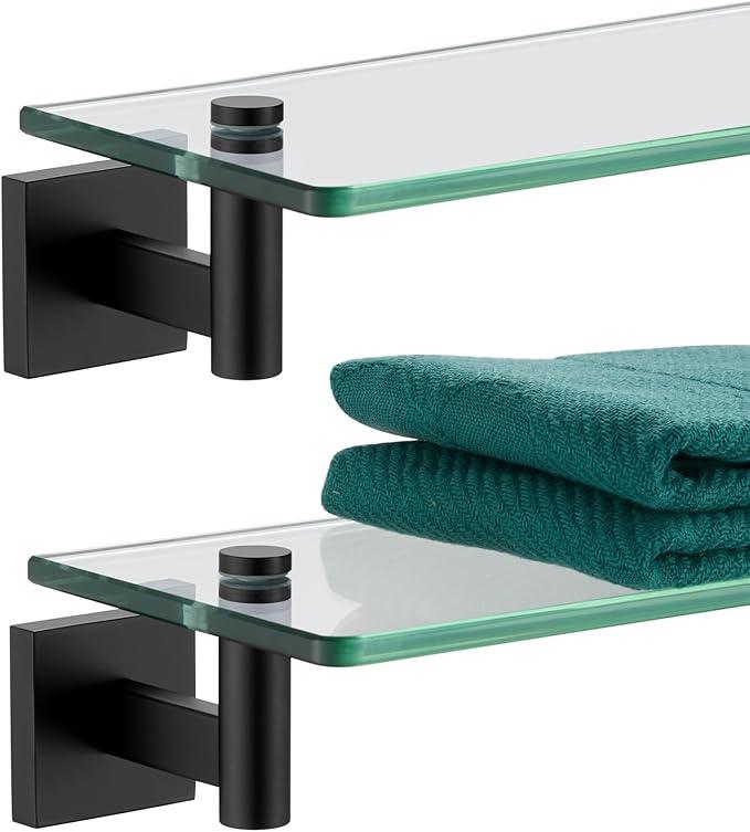 KOKOSIRI Bathroom Shelves Glass Floating Shelf 16-Inch for Bedroom Living Room Kitchen Hanging Rack Rustproof Wall Mounted Black 2 Pack B1105BK-L16-P2 - ModernBath