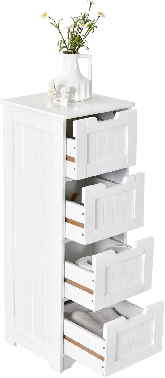 LOKO Floor Storage Cabinet with 4 Drawers, Bathroom Cabinet with Anti-toppling Device, Multifunctional Floor Cabinet for Bathroom, Living Room, Kitchen, 12 x 12 x 32 inches (White) - ModernBath