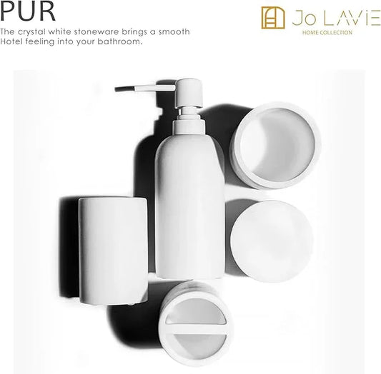 Jo Lavie Matte White Bathroom Accessories Set – 4-Piece Resin Countertop Organizer with Soap Dispenser, Tumbler, Toothbrush Holder & Cotton Swab Jar – Modern Minimalist Vanity Kit - ModernBath