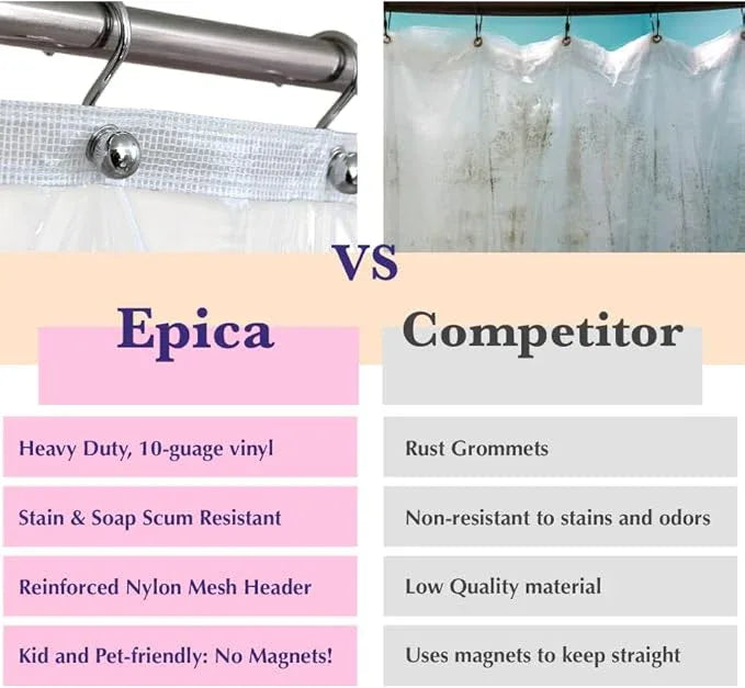 Epica Shower Curtain – Strongest Heavy-Duty Clear Vinyl 72x72 Shower Curtain Liner – Stain & Soap Scum Resistant with Rust-Proof Metal Grommets (White) - ModernBath