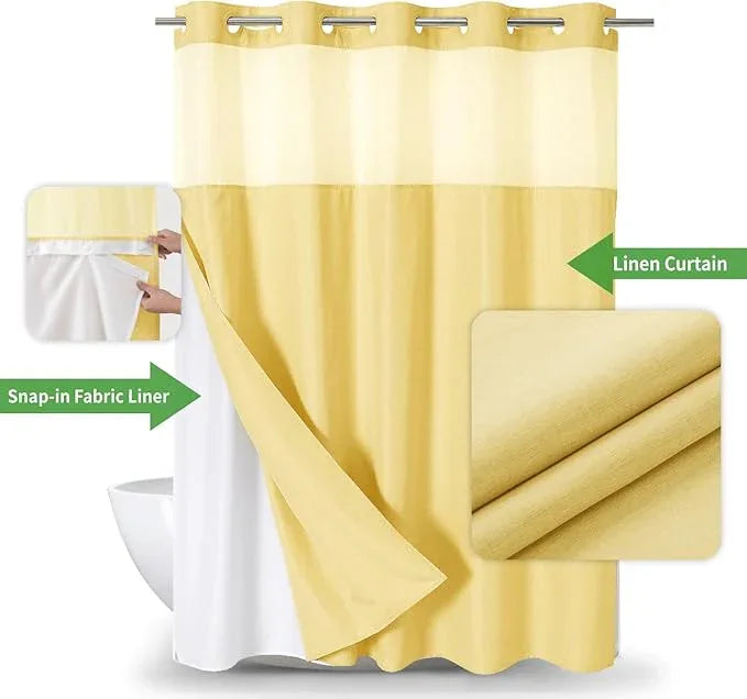 eachope Long No Hooks Needed Linen Textured Shower Curtain with Snap-in Fabric Liner Set,Hotel Luxury Decor Shower Curtains for Bathroom,Waterproof & Washable,71Wx80H,Gold - ModernBath