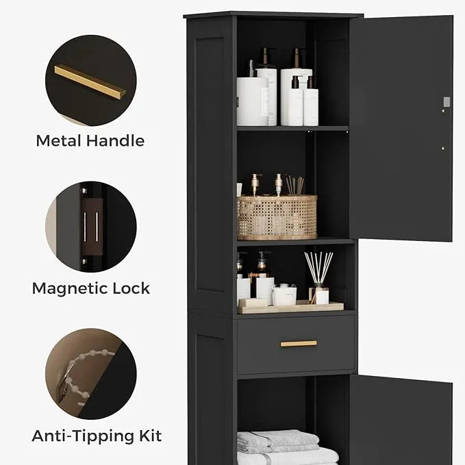 Homhedy 67"H Tall Bathroom Storage Cabinet with Rattan Decorated Door and Drawer, Narrow Storage Unit, Adjustable Shelves, Floor Cabinet for Bathroom, Living Room, Kitchen, Black and Natural, (15.7"W) - ModernBath