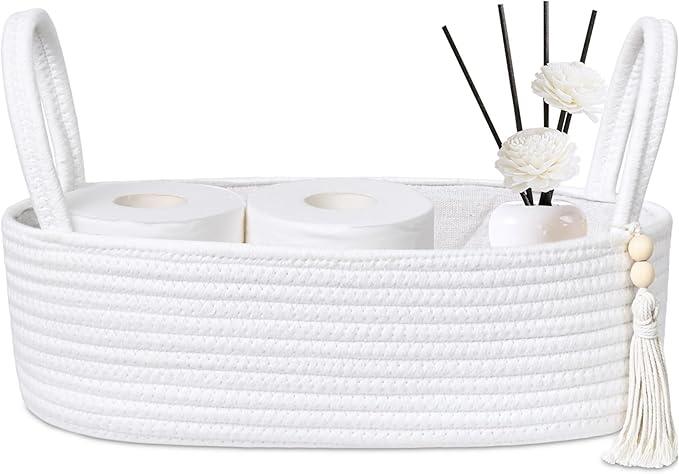 ABenkle Small Storage Basket for Toilet Tank Top - Jute Rope Woven Organizer with Handle, Boho Countertop Bathroom Decor, Toilet Paper Holder, 13x6x4 Inch - ModernBath