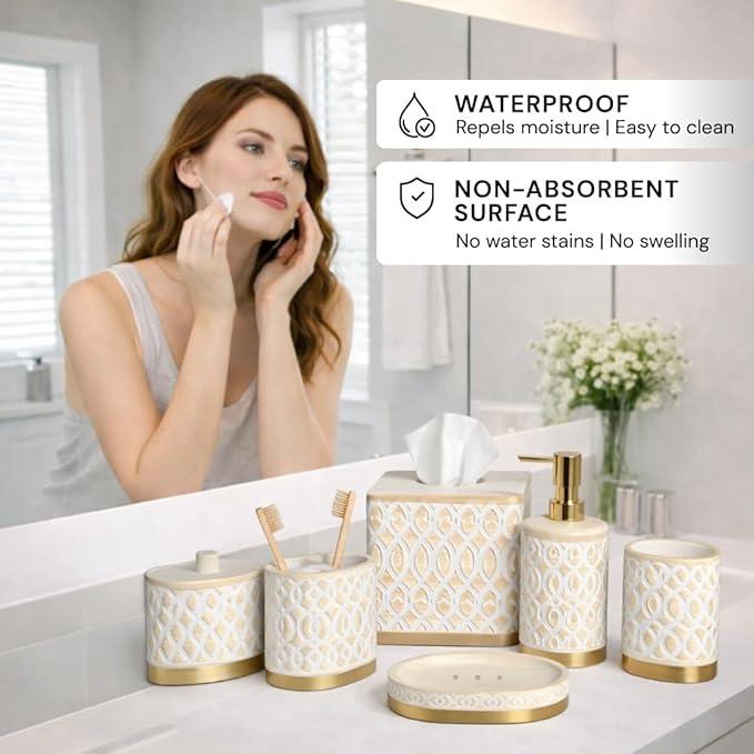 6-Piece Bathroom Accessories Set – Soap Dispenser, Toothbrush Holder, Tumbler, Soap Dish, Cotton Swab Jar & Toilet Brush – Modern Bathroom Decor Set (Solana) - ModernBath