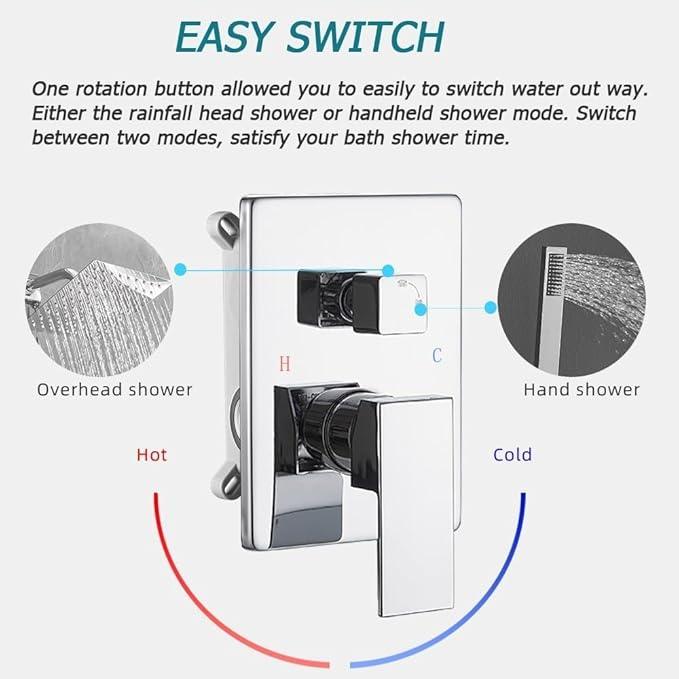 JingGang Shower System Polished Chrome Bathroom Rainfall Shower Faucet Set Complete Wall Mounted 6 Inch Shower Head and Handle Set with Rough-in Valve Body and Trim Kit - ModernBath
