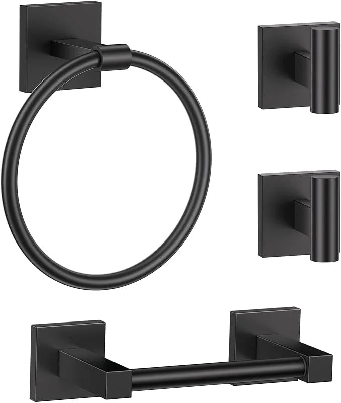 Towel Ring Set 4 Piece Bathroom Hardware Set Includes Towel Ring 2 Towel Hooks and Toilet Paper Holder Stainless Steel Wall Mounted (Matte Black) - ModernBath