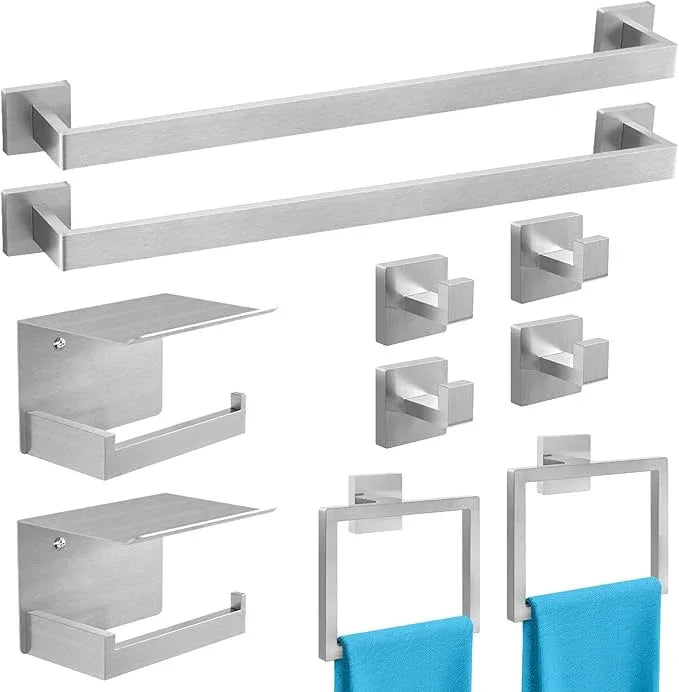 10-Piece Bathroom Hardware Accessories Set Brushed Nickel, 24 inch Towel Bar, Stainless Steel Towel Racks for Bathroom, Bath Towel Bar Set Wall Mounted - ModernBath