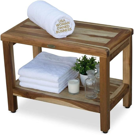 EcoDecors Eleganto 24 Inch Natural Color Waterproof Teak Wood Shower Bench Stool Seat Chair For Inside Shower Provides Safety, Storage, and Organization For Bathroom Accessories - ModernBath