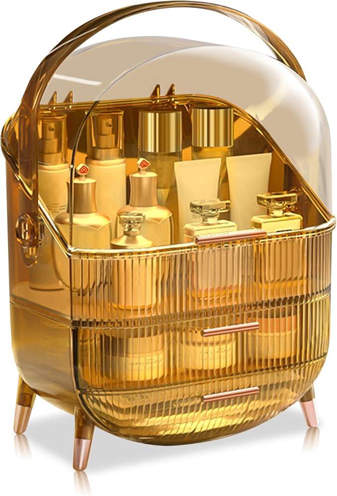 Ergocar Portable Retro Series Multi-Function Make Up Case Dustproof Cosmetic Storage Box,Cosmetics Skin Care Products Jewelry Organizer Case Finishing Box Bathroom Desktop -Amber (X-1) - ModernBath