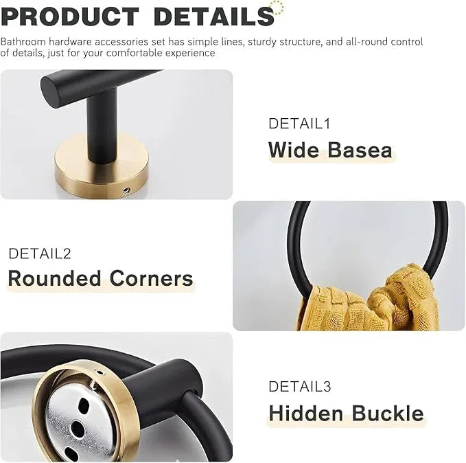 Bathroom Hardware Set 3 Piece Black&Gold Wall Mounted Stainless Steel Hardware Towel Bar Set Gold Bathroom Accessories Towel Rack Set Kit Includes 2 Hand Towel Ring, Toilet Paper Holder - ModernBath