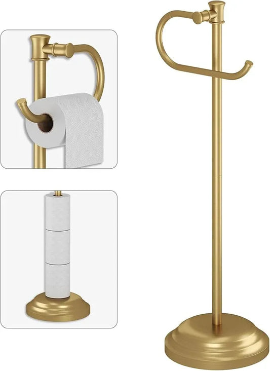 BESy Toilet Paper Holder Free Standing Bathroom Toilet Tissue Holder Stand for Floor Toilet Paper Roll Holder with Storage Hardware Accessories Rack Hand Towel Bar Brushed Gold Stainless Steel - ModernBath