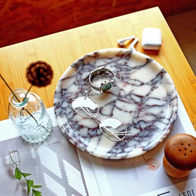 Natural Marble Tray, Coffee Table, Food, Fruit, Paper Cup, Cake Display, Coffee bar, Family Gatherings, Seasonal Holiday Decoration Tray(Viola-Circular-9.8"x9.8"x0.7") - ModernBath