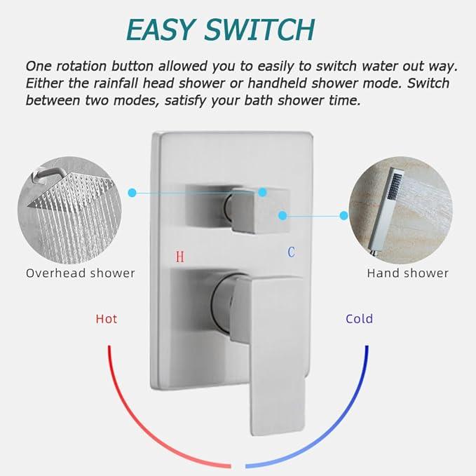 Heable Brushed Nickel Shower System with 8'' Rainfall Shower Head, Handheld Shower head, Bathroom Luxury Rain Mixer Shower Combo Set Wall Mounted Shower Faucet Rough-in Valve and Trim Kit - ModernBath