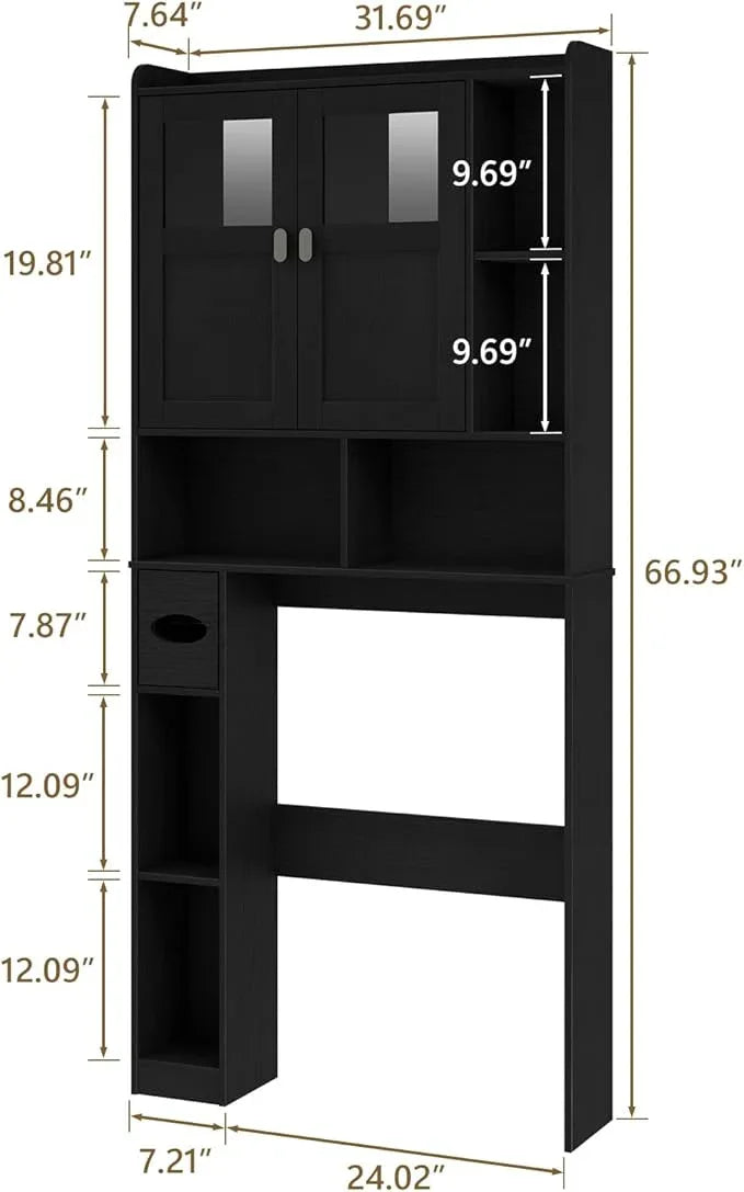 Vabches Over The Toilet Storage Cabinet, Bathroom Shelf Over Toilet with Glass Doors and Adjustable Shelves, Black Freestanding Home Space Save Toilet Rack, for Restroom, Bathroom, Laundry - ModernBath