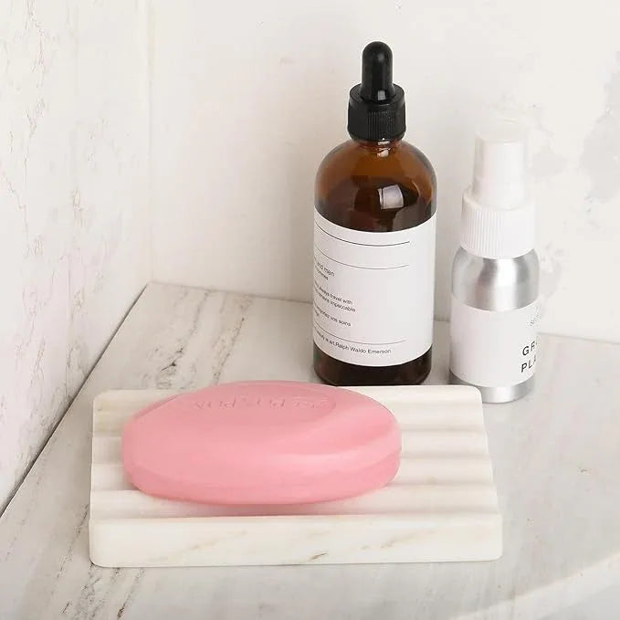 2PCS Koville African Natural Marble Soap Dish for Shower, Stone Soap Tray for Bathroom, Bar Soap Holder for Sink, Stripe Grooves Saver Keep Bars Dry Easy Clean (Namib Bianco) - ModernBath