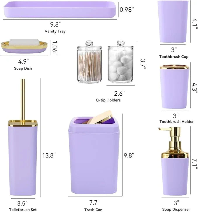 XLHOMO Purple Bathroom Accessories Set, Purple and Gold Bathroom Accessories with Trash Can, Soap Dispenser, Soap Dish, Toothbrush Holder and Q-tip Holders - ModernBath