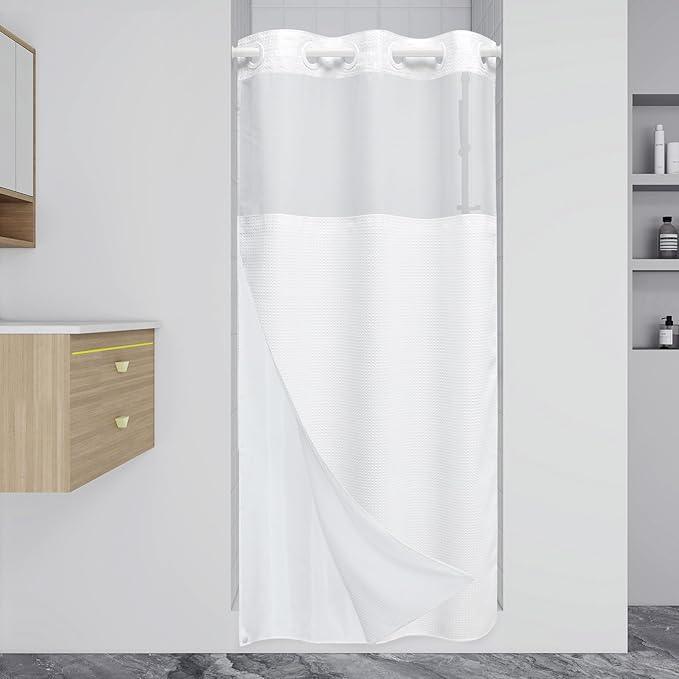 EUTXL Stall No Hook Shower Curtain with Snap in Liner,230GSM Waffle Weave Shower Curtains for Bathroom,36W x 74H,White - ModernBath