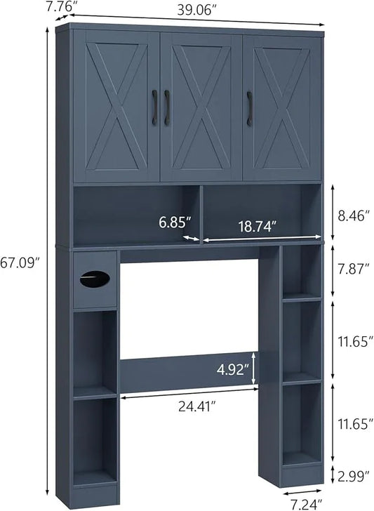 Over The Toilet Storage Cabinet, Farmhouse Toilet Cabinet Rack with 3 Barn Doors, Space Saving Bathroom Organizer with Shelves, Toilet Paper Holder and Towel Rack for Bathroom,Restroom,Laundry,Blue - ModernBath