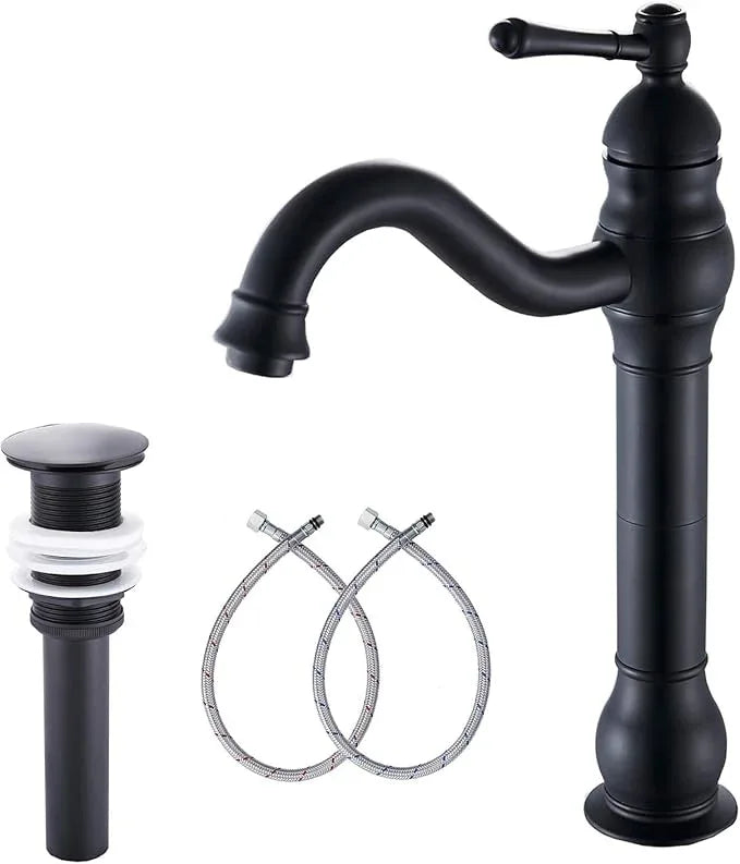 Black Bathroom Faucet GGStudy 360° Swivel Single-Handle One Hole Bathroom Vessel Sink Faucet Matching Pop Up Drain - ModernBath