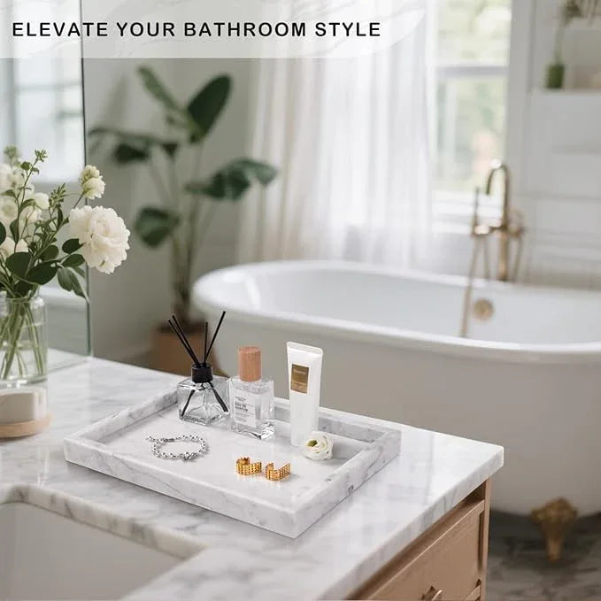 Homaura Marble Bathroom Tray for Countertop & Home Decor, Natural Decorative Marble Tray for Jewelry & Perfume Organizer, Luxury Stone Vanity Trays for Dresser, Kitchen Counter, 12" x 8", White - ModernBath
